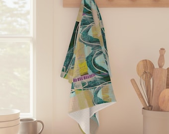 Abstract Organic Arches Green Teal Purple Blue Microfiber Tea Towel | Art by Karen Sunman