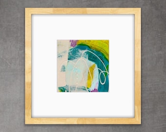 Original Abstract Painting 5x5, Framed 8x8, Acrylic Mixed Media Art, Organic Modern Teal Blush | G