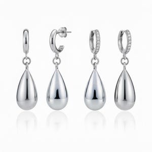 Teardrop Dangle Hoop Earrings Rodium Plated with cubic zirconia, silver water drop shape