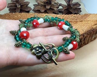 Mushroom Toadstool Pinecone Bracelet: Crystal Rondelle Beads, Antique Bronze Cottagecore Jewelry, Forest Goblin-core