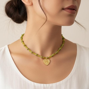 Romantic Cactus Heart Necklace: Gold Succulent Choker, Green Daisy Beaded Jewelry, Handmade in Scotland