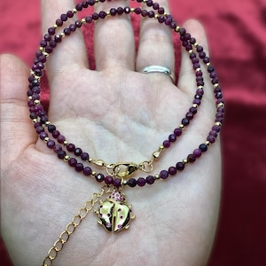 Ruby Bead Ladybug Necklace: 18k Gold Filled Pendant, Cubic Zirconia