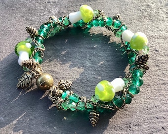 Goblincore Mushroom Bracelet | Fairycore Woodland Armband | Pinecone Dragonfly Toggle Clasp, Whimsical Accessory