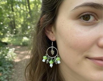Mushroom Pinecone Chandelier Earrings: Bronze Fairycore Jewelry Toadstool Charm, Elvish Cottagecore Jewelry, Witch Costume