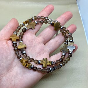 Tiger&#39;s eye stone cross necklace smoky quartz faceted beaded natural stone choker healing unisex catholic gift stainless steel gift idea