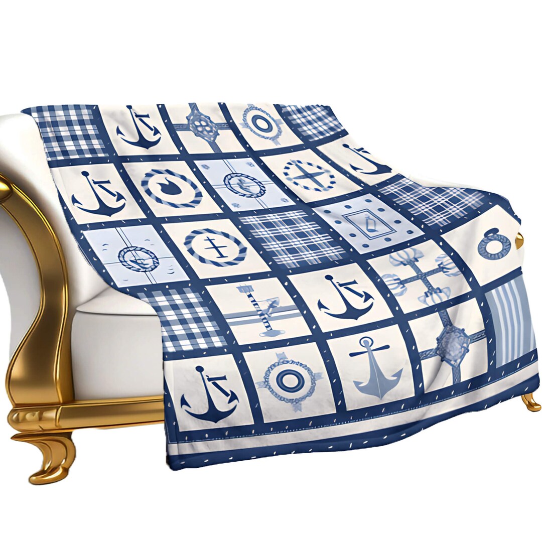Nautical Throw Blanket, Square Quilt Block Cartoon Throw Blanket
