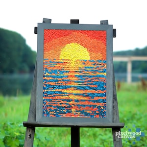 Sunrise Modern Wood Wall Art, Sunset wood sculpture Pixel wall hanging, Geometric Sun wall art for Home Decor