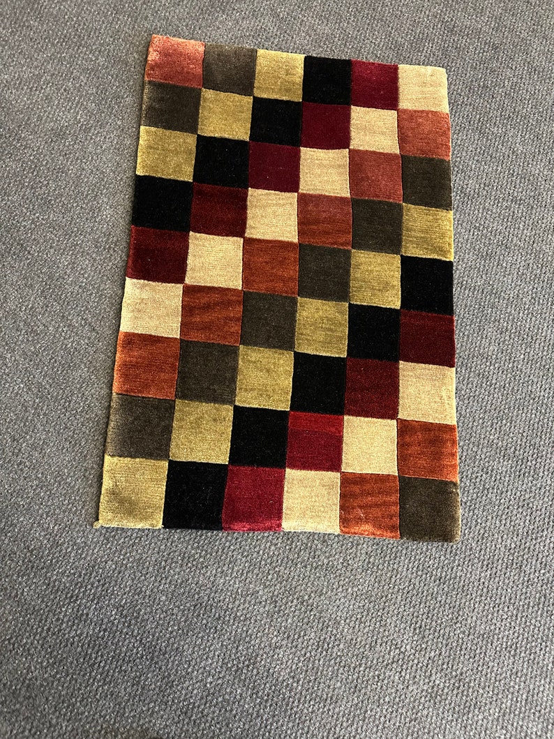 Checkerboard design, Geometric, square, multi color, Fine Wool , Hand made , Hand Knotted Rug image 1