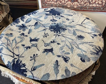 A Round  4' 2 " Or  approximately  127 Cm Area Rug, Hand made ,Blue ,silver color, hand knotted combination of wool, cotton,  Bamboo silk