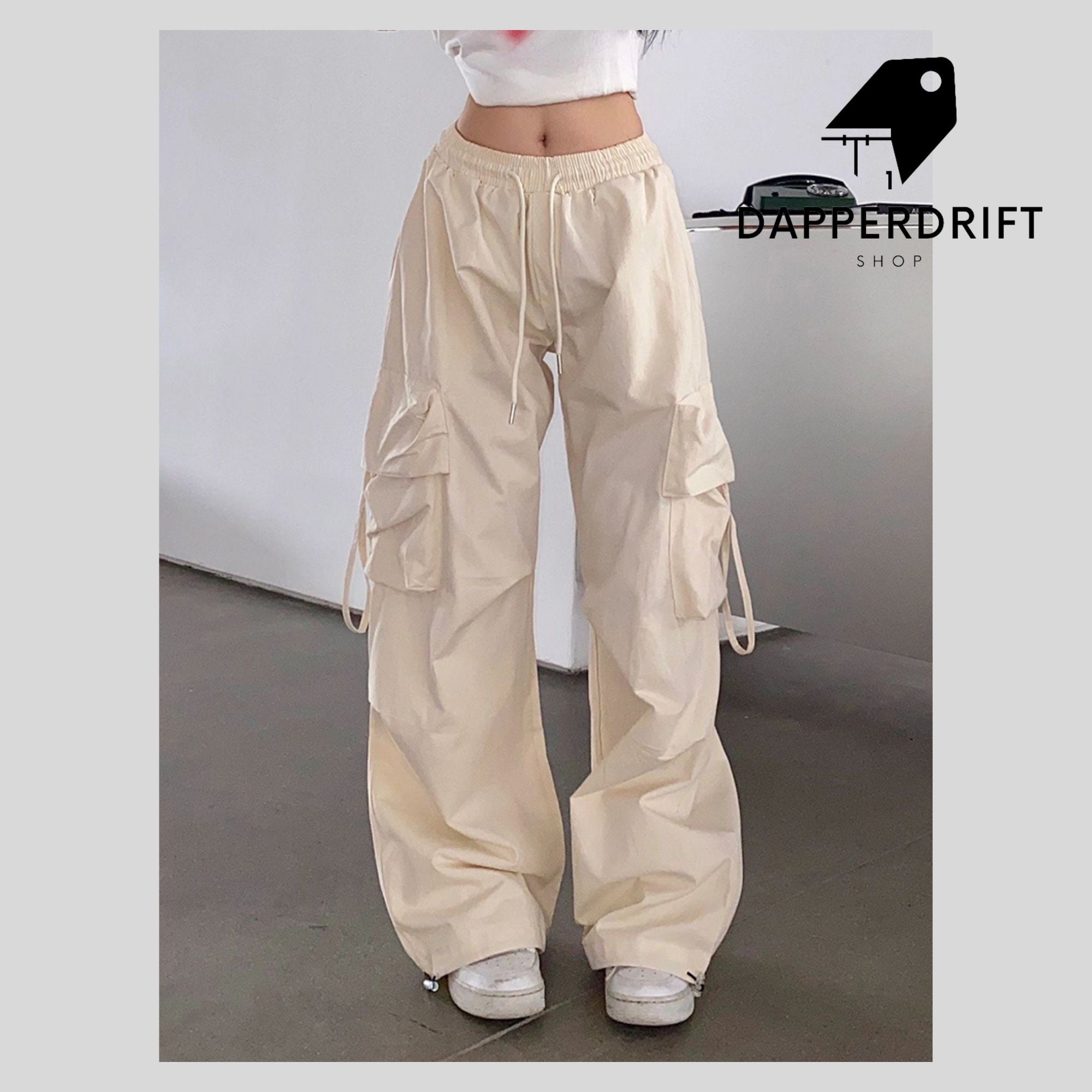 Rapcopter Big Pockets Ruched Baggy Cargo Pants Mid Waist Retro