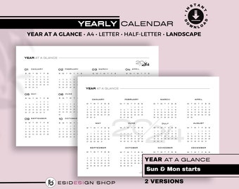 2024 Yearly Calendar. Printable, Digital PDF, Instant Download, Sunday & Monday Start, Minimalist, Landscape., A4, Letter, Half-Letter