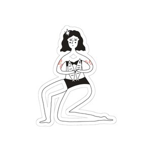 May include: Black and white sticker featuring a stylized illustration of a person kneeling and holding two fish. The person has dark hair, a star-shaped hair accessory, and tattoos on their arms. They are wearing a black swimsuit.