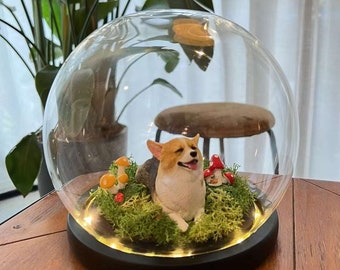 Personalized Pet Statue in Glass Dome with Preserved Flowers & Lights, pet sculpture, pet loss gift, memorial, birthday gift, home decor