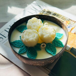 Peony Flower Candle: Organic Soy Wax in Coconut Shell - Handmade