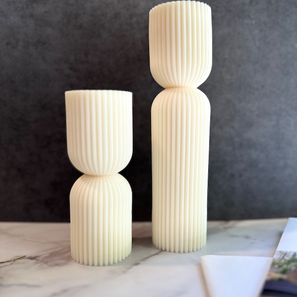 Ribbed Pillar Candle Set of 2, Large Beautiful Pillar Scented Soy Wax Candles, Aesthetic Column Candle, Home Decor, Housewarming Gift