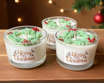 Christmas Candle | Merry Christmas Soy Candle | Holiday Party Favor | Seasonal Candle Gift | Gift for Friends & Coworkers, Custom Text