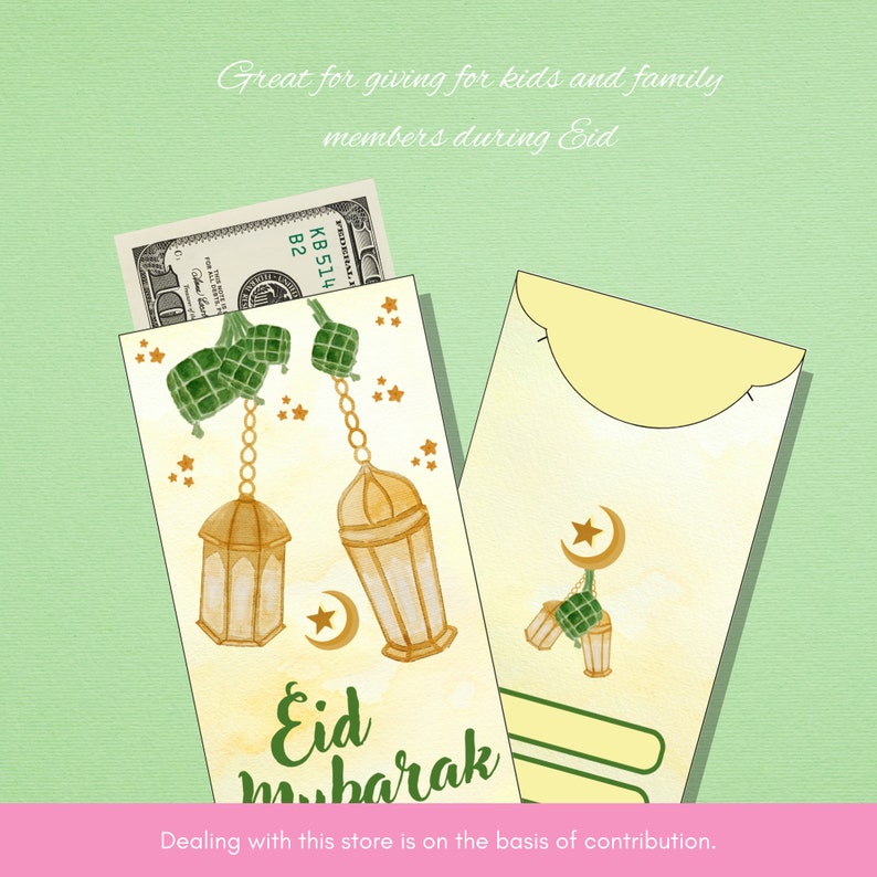 May include: Two red and gold envelopes with a crescent moon and star design. The envelopes have the text "Eid Mubarak" and are decorated with green and gold lanterns and stars. The envelopes are perfect for giving money as gifts during Eid.
