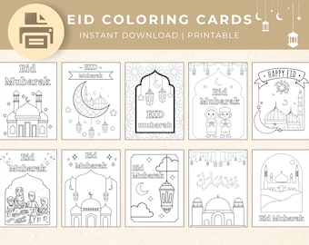 May include: A set of ten printable coloring cards featuring various Eid Mubarak designs. The cards include images of mosques, crescent moons, lanterns, and traditional Islamic patterns. The text "Eid Mubarak" appears on each card.