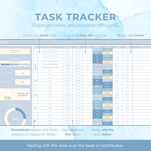 May include: A blue and white digital task tracker with the text "TASK TRACKER" and "Organize tasks, set priorities efficiently". The tracker has columns for listing tasks, calculating days left until due, and assigning task owners. The tracker also has checkboxes, start and due dates, and priority and status columns.