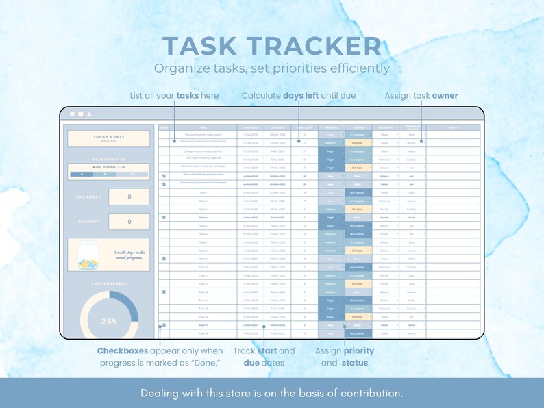 May include: A blue and white digital task tracker with the text "TASK TRACKER" and "Organize tasks, set priorities efficiently". The tracker has columns for listing tasks, calculating days left until due, and assigning task owners. The tracker also has checkboxes, start and due dates, and priority and status columns.