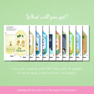 May include: Printable PDF file with 10 pages of Eid Mubarak envelopes. Each envelope features a different design with colorful illustrations and the text "Eid Mubarak".
