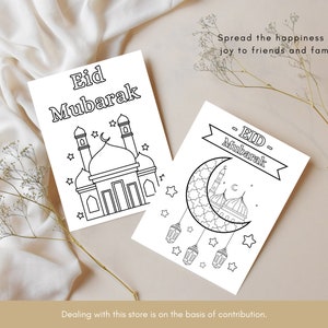 Pu&ograve; includere: Due pagine da colorare stampabili con illustrazioni di moschee e il testo "Eid Mubarak". La prima pagina mostra una moschea con una luna crescente e stelle. La seconda pagina mostra una moschea con una luna crescente e lanterne.