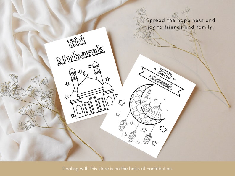 Pu&ograve; includere: Due pagine da colorare stampabili con illustrazioni di moschee e il testo "Eid Mubarak". La prima pagina mostra una moschea con una luna crescente e stelle. La seconda pagina mostra una moschea con una luna crescente e lanterne.
