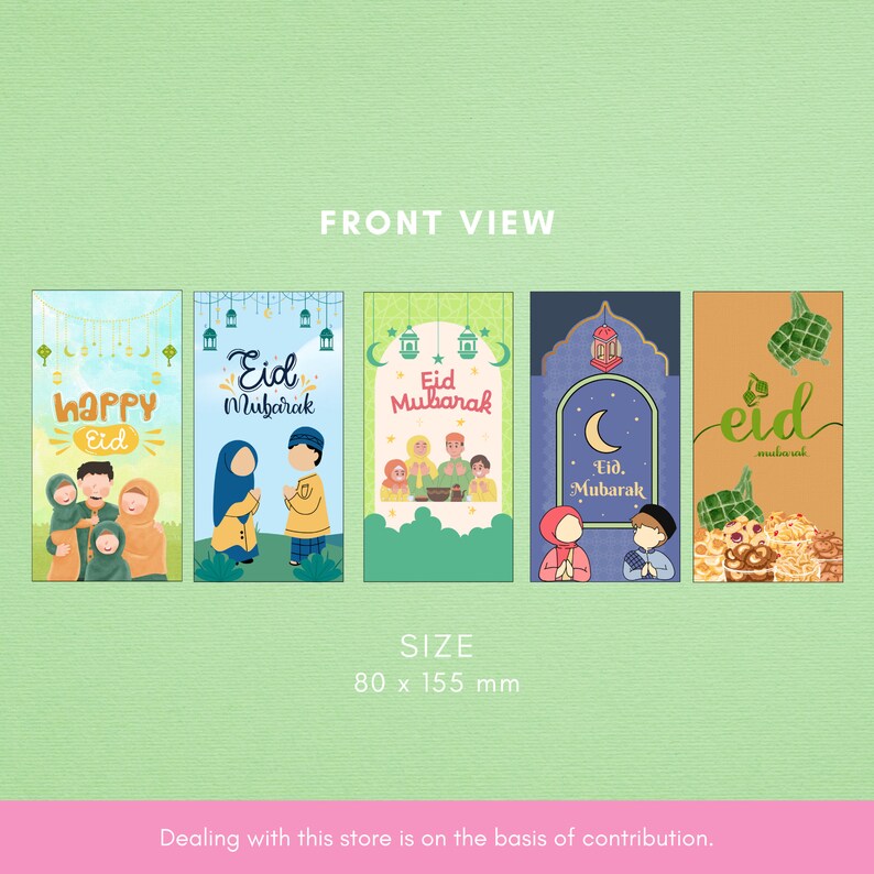 May include: Four different designs for Eid Mubarak greeting cards. Each card features a colorful illustration with a festive theme. The cards are 80 x 155 mm in size.