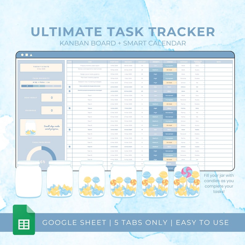 May include: A Google Sheet template for a task tracker with a Kanban board and a smart calendar. The template features a blue and white color scheme with a jar of candies to represent completed tasks. The text "ULTIMATE TASK TRACKER" is at the top of the image. The text "GOOGLE SHEET | 5 TABS ONLY | EASY TO USE" is at the bottom of the image.