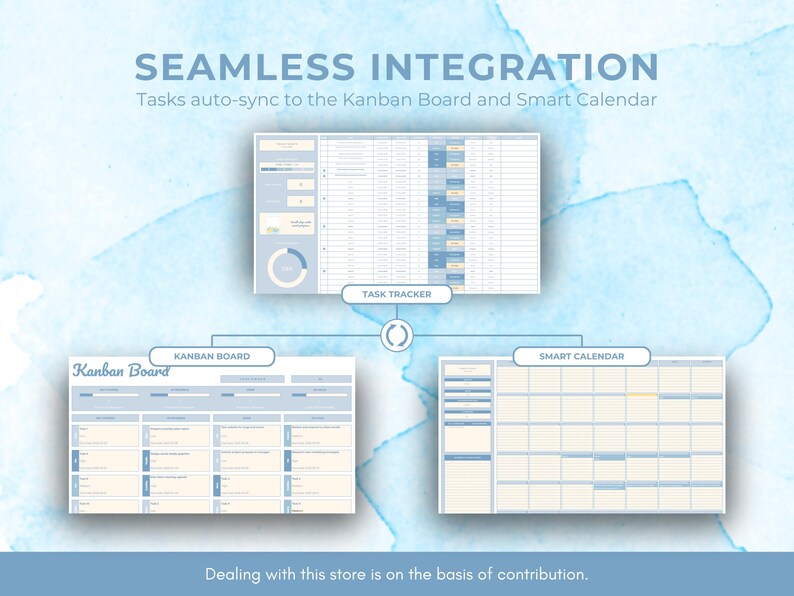 May include: A digital illustration showing a seamless integration of a task tracker, Kanban board, and smart calendar. The text "SEAMLESS INTEGRATION" is at the top of the image. The text "Tasks auto-sync to the Kanban Board and Smart Calendar" is below the title. The text "KANBAN BOARD" is at the top of the Kanban board. The text "Kanban Board" is in a blue box at the top left of the Kanban board. The text "TASK TRACKER" is at the bottom of the task tracker. The text "SMART CALENDAR" is at the top of the smart calendar. The text "Dealing with this store is on the basis of contribution." is at the bottom of the image.