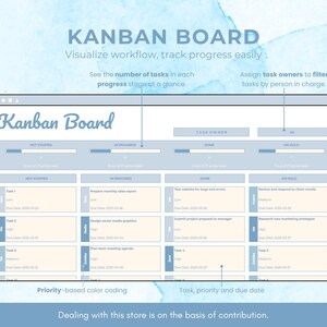May include: A blue and white Kanban board with the text "Kanban Board" at the top. The board is divided into three columns: "Not Started", "In Progress", and "Completed". Each column has a list of tasks with their due dates and priorities.