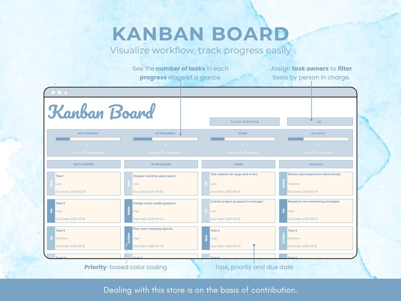 May include: A blue and white Kanban board with the text "Kanban Board" at the top. The board is divided into three columns: "Not Started", "In Progress", and "Completed". Each column has a list of tasks with their due dates and priorities.