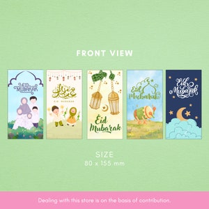May include: Five different designs for Eid Mubarak greeting cards. Each card features a different illustration, including a family, lanterns, a drum, and a crescent moon. The cards are 80 x 155 mm.