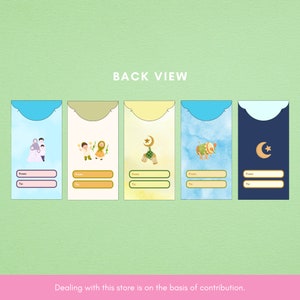 May include: Five different designs of red envelopes with various illustrations and a space for "From" and "To" names. The envelopes are decorated with watercolor-like backgrounds in shades of blue, green, and yellow.