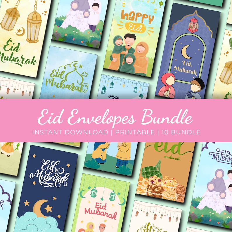 May include: A set of ten printable Eid envelopes featuring colorful illustrations of lanterns, crescent moons, stars, and people. The envelopes are decorated with the text "Eid Mubarak" in various styles.