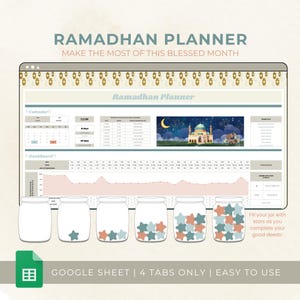 Puede incluir: Una plantilla de hoja de cálculo de Google para planificar el Ramadán. La hoja tiene cuatro pestañas: Calendario, Panel de control, Instrucciones y Progreso. La pestaña Progreso presenta una representación visual de la realización de buenas acciones con un frasco que se llena de estrellas a medida que completas tus buenas acciones.