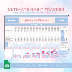 Ultimate Habit Tracker Spreadsheet, Google Sheet, Daily Habit Planner, Goal Tracker, Daily, Weekly and Monthly Tracker, Digital Dashboard