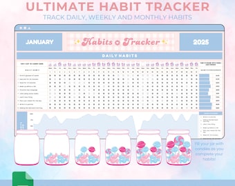 Arkusz kalkulacyjny Ultimate Habit Tracker, Arkusz Google, Codzienny planer nawyków, Śledzenie celów, Śledzenie dzienne, tygodniowe i miesięczne, Cyfrowy panel