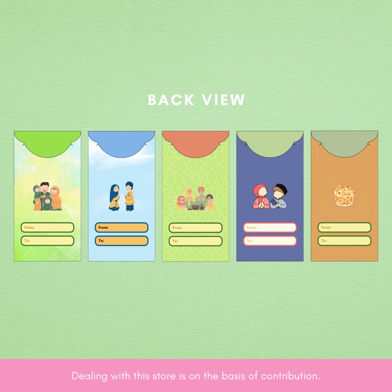 May include: Five colorful envelopes with different illustrations of people and a cake. Each envelope has a space for "From" and "To" with lines for writing.