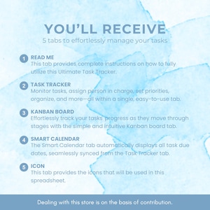 May include: A blue and white graphic with the text "YOU'LL RECEIVE" and "5 tabs to effortlessly manage your tasks". The graphic lists five tabs: "Read Me", "Task Tracker", "Kanban Board", "Smart Calendar", and "Icon". Each tab has a brief description of its purpose.