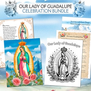 Notre-Dame de Guadalupe - Ensemble de célébration du jour de fête - Carte de prière imprimable - Étiquette de bougie - Page à colorier - Sainte Guadalupe, Juan Diego