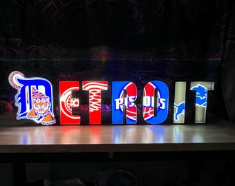 Detroit - Sport Teams big-  Graphic 3D Printed LED Wall Sign - White LED - Huge Neon Sign - Sports Fan Gift, Mancave