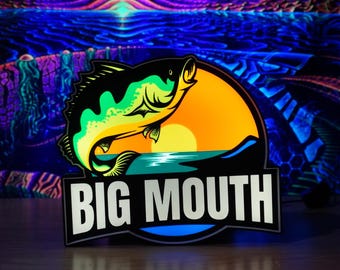 Big Mouth Bass - Fishing Graphic 3D Printed LED Wall Sign - White LED - Sports Birthday Gift Fishermen