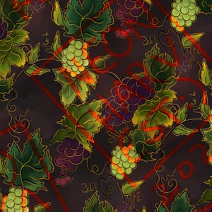 May include: A seamless pattern featuring bunches of green and purple grapes on vine branches with leaves. The background is a dark gray with red and gold lines.