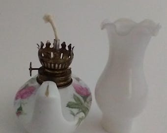 Vintage Porcelain Oil Lamp: Floral Aladdin Design, Milk Glass Globe