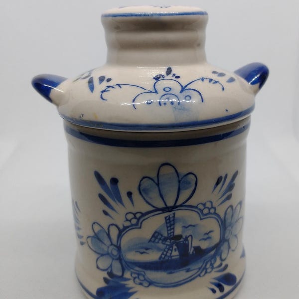 Delft Deco Holland Hand-Painted Blue/White Small Jar Lidded - Great Condition