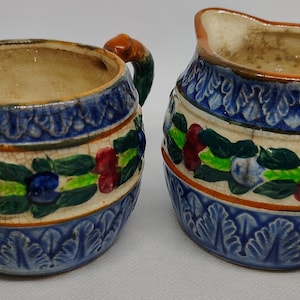 Old Dragon Creamer & Sugar Bowl ,  Small Colorful Vintage Ceramic ,  1940s , Made in Japan