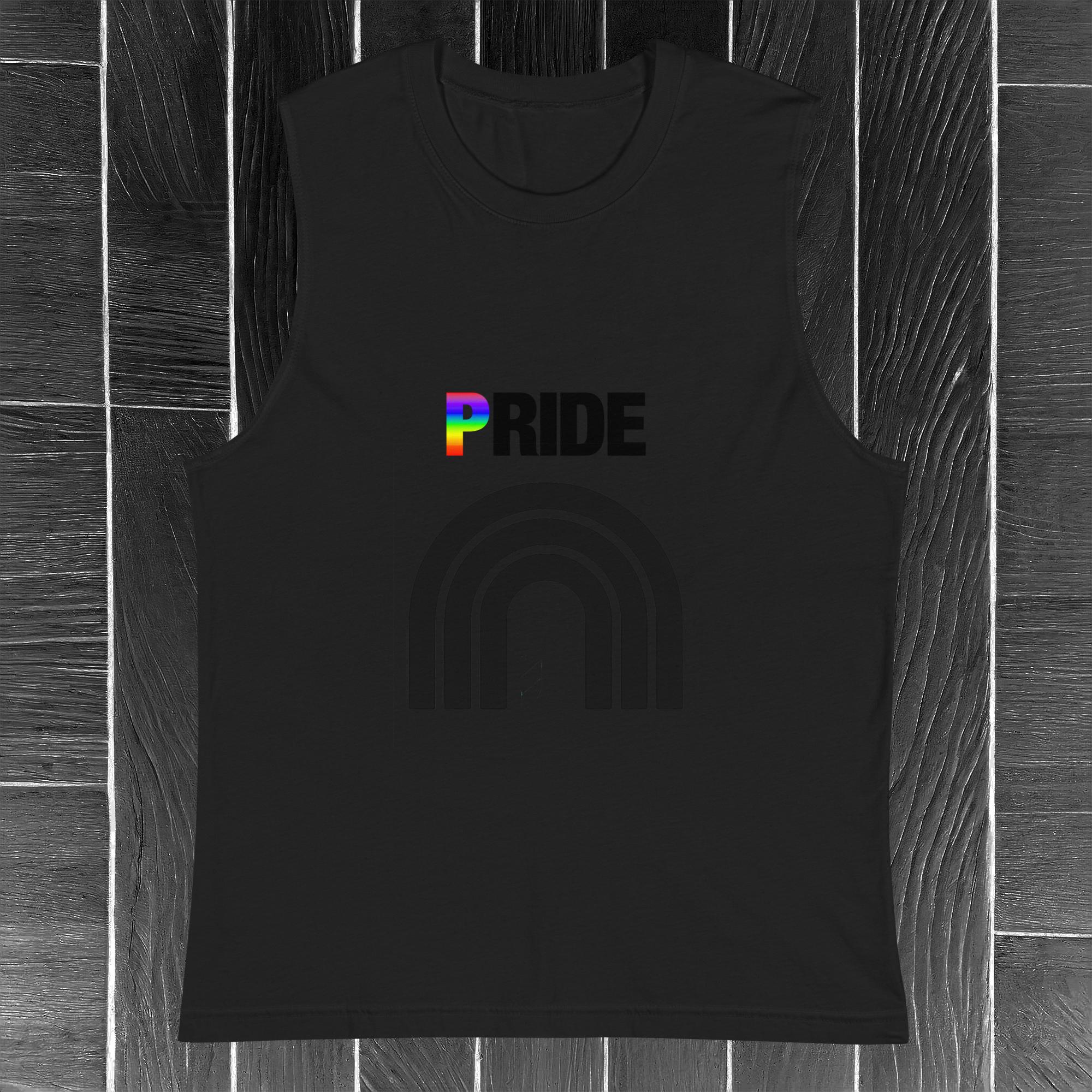 Black Muscle Tee – Minimalist All-Black Rainbow Pride Shirt, Goth Queer Aesthetic