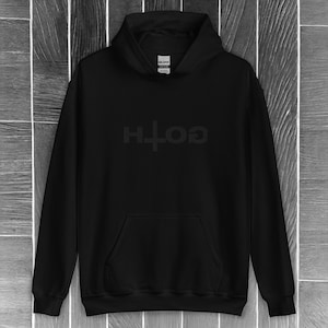 Upside-Down &quot;Goth&quot; Embroidered Unisex Black Hoodie with Inverted Cross Design