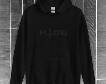 Upside-Down &quot;Goth&quot; Embroidered Unisex Black Hoodie with Inverted Cross Design